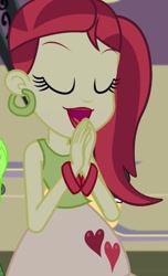 Size: 375x618 | Tagged: safe, screencap, cherry crash, rose heart, teddy t. touchdown, equestria girls, friendship games, background human, bracelet, chs rally song, cropped, ear piercing, earring, eyes closed, heart, jewelry, lipstick, open mouth, piercing, smiling, solo focus