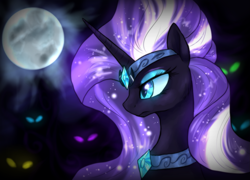 Size: 1511x1089 | Tagged: safe, artist:not-ordinary-pony, nightmare rarity, darkness, full moon, glowing eyes, moon, queen, solo, solo focus