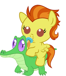 Size: 886x1017 | Tagged: safe, artist:red4567, gummy, stormy flare, pony, baby, baby pony, cute, pacifier, ponies riding gators, riding