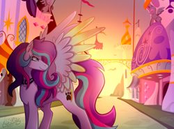 Size: 1892x1400 | Tagged: safe, artist:kikirdcz, oc, oc only, pegasus, pony, canterlot, solo, spread wings, sunset