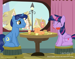 Size: 2492x1965 | Tagged: safe, artist:shutterflyeqd, night light, twilight sparkle, twilight sparkle (alicorn), alicorn, pony, burger, cute, eating, eyes closed, father and child, father and daughter, father's day, female, food, hay burger, male, mare, messy eating, parent and child, ponyville, restaurant, sitting, smiling, stallion, table, that pony sure does love burgers, this will end in weight gain, twiabetes, twilight burgkle, window