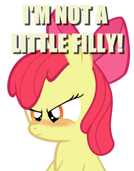 Size: 720x921 | Tagged: artist needed, safe, apple bloom, adorabloom, angry, blatant lies, blushing, cute, denial, filly, image macro, meme, pouting, solo