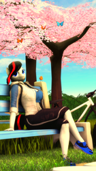 Size: 2160x3840 | Tagged: safe, artist:gbrushandpaint, oc, oc only, oc:kimiko, anthro, bird, butterfly, plantigrade anthro, 3d, anthro oc, bicycle, breasts, clothes, crossed legs, female, grass, mare, shoes, sitting, smiling, source filmmaker, tree