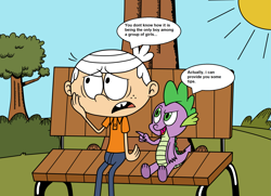 Size: 2179x1575 | Tagged: safe, artist:eagc7, spike, dragon, human, bench, bush, clothes, commission, crossover, dialogue, lincoln loud, male, nickelodeon, sun, the loud house, tree