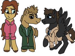 Size: 1000x747 | Tagged: safe, artist:creative-blossom, earth pony, pegasus, pony, castiel, crossover, dean winchester, group, male, sam winchester, stallion, supernatural, team freewill, trenchcoat