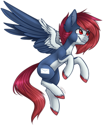 Size: 968x1160 | Tagged: safe, artist:doekitty, oc, oc only, oc:maple redwood, bat pony, hybrid, pegasus, pony, art trade, colored pupils, fangs, flying, red eyes, red hair, simple background, solo, spread wings, transparent background, wings