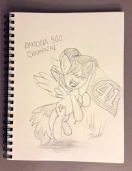 Size: 849x1100 | Tagged: safe, artist:fuzon-s, cloudchaser, pony, cap, daytona 500, eyes closed, flag, grayscale, happy, hat, kurt busch, monochrome, nascar, open mouth, sketch, solo, traditional art, yelling