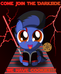 Size: 2000x2400 | Tagged: safe, artist:spellboundcanvas, oc, oc only, pony, clothes, cookie, crossover, cute, dark side, food, jacket, lightning, lightsaber, ocbetes, red lightning, scar, sith, solo, star wars, text, we have cookies, weapon