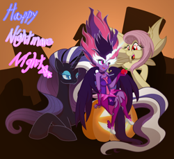 Size: 4700x4300 | Tagged: safe, artist:geraritydevillefort, fluttershy, midnight sparkle, nightmare rarity, sci-twi, twilight sparkle, bat pony, equestria girls, absurd resolution, clothes, flutterbat, halloween, holiday, jack-o-lantern, nightmare night, pumpkin, trio