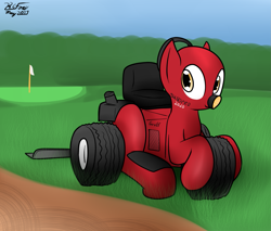 Size: 1329x1132 | Tagged: safe, artist:the-furry-railfan, oc, oc only, oc:geoff the sand pro, object pony, original species, badumsquish approved, flag, golf course, grass, ponified, sand, solo, wheelpone