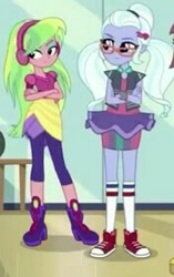 Size: 176x280 | Tagged: safe, screencap, lemon zest, sugarcoat, dance magic, equestria girls, spoiler:eqg specials, boots, clothes, converse, cropped, crossed arms, glasses, headphones, high heel boots, leggings, pants, pigtails, shoes, skirt, sneakers, socks, twintails