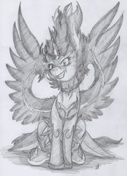 Size: 2223x3078 | Tagged: safe, artist:stormblaze-pegasus, midnight sparkle, sci-twi, twilight sparkle, equestria girls, friendship games, clothes, equestria girls ponified, monochrome, ponified, signature, sitting, smiling, solo, spread wings, traditional art