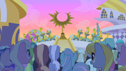 Size: 1280x720 | Tagged: safe, screencap, cloud kicker, coco crusoe, mjölna, oakey doke, sea swirl, seafoam, silver spanner, pony, the cutie mark chronicles, background pony, background pony audience, canterlot, royal guard, summer sun celebration, welch