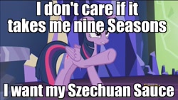 Size: 1920x1080 | Tagged: safe, edit, edited screencap, screencap, twilight sparkle, twilight sparkle (alicorn), alicorn, pony, what about discord?, angry, discovery family logo, image macro, mcdonald's, meme, pointing, rick and morty, solo, szechuan sauce