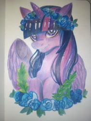 Size: 1920x2560 | Tagged: safe, artist:mijyandkikiloli, twilight sparkle, twilight sparkle (alicorn), alicorn, pony, floral head wreath, flower, solo, traditional art