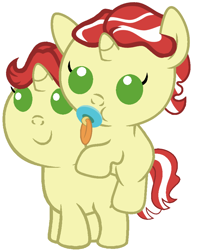 Size: 732x903 | Tagged: safe, artist:red4567, flam, flim, pony, baby, baby ponies, baby pony, brothers, cute, duo, flamabetes, flim flam brothers, flimabetes, hatless, missing accessory, pacifier, ponies riding ponies, riding, siblings riding siblings, weapons-grade cute