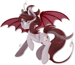 Size: 1000x867 | Tagged: safe, artist:mallowglitz, oc, oc only, oc:scarlet quill, bat pony, pony, fangs, female, flying, glasses, mare, red eyes, request, requested art, signature, simple background, slit eyes, solo, spread wings, transparent background