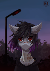 Size: 916x1300 | Tagged: safe, artist:margony, oc, oc only, pony, bandage, bandaid, blood, bruised, bust, clothes, colored pupils, commission, ear fluff, female, hoodie, lamppost, looking at you, mare, solo, tree