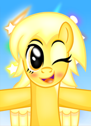 Size: 3872x5340 | Tagged: safe, artist:nupiethehero, oc, oc only, oc:solar flare, pony, absurd resolution, anime lighting, detailed, hug, looking at you, one eye closed, wings, wink