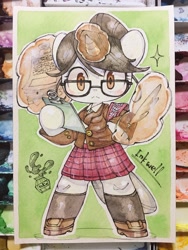 Size: 1536x2048 | Tagged: safe, artist:mosamosa_n, raven, semi-anthro, clipboard, clothes, glasses, green background, ink, quill, school uniform, schoolgirl, simple background, solo, traditional art