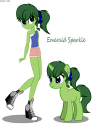 Size: 3610x4644 | Tagged: safe, artist:asika-aida, oc, oc only, oc:emerald sparkle, pony, unicorn, equestria girls, absurd resolution, clothes, converse, equestria girls-ified, human ponidox, self ponidox, shoes, shorts, simple background, solo, tanktop, transparent background