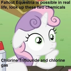 Size: 500x500 | Tagged: safe, edit, edited screencap, screencap, sweetie belle, pony, unicorn, fallout equestria, chemistry, chlorine, exploitable meme, female, filly, horn, image macro, meme, obligatory pony, solo, sudden clarity sweetie belle, text, two toned mane, white coat, wide eyes