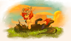 Size: 3415x2000 | Tagged: safe, artist:nightskrill, oc, oc only, pegasus, pony, unicorn, colt, commission, female, floral head wreath, flower, grass, looking at each other, lying down, male, mare, oc x oc, on back, prone, shipping, smiling, straight