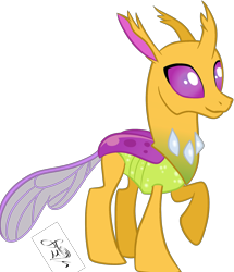 Size: 1752x2040 | Tagged: safe, artist:strangerdragos, edit, oc, oc only, oc:icarys, changedling, changeling, to where and back again, changedling oc, changeling oc, raised hoof, simple background, smiling, solo, transparent background, vector