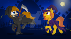 Size: 1024x569 | Tagged: safe, artist:soulfulmirror, oc, oc only, oc:honey ella, oc:romance heart, earth pony, pegasus, pony, clothes, costume, grim reaper, hat, moon, night, nightmare night, nightmare night costume, romella, scythe, witch, witch hat