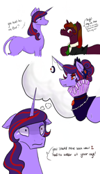 Size: 1440x2500 | Tagged: safe, artist:crimsonfirenightress, oc, oc only, oc:time freeze, classical unicorn, pony, unicorn, clothes, cloven hooves, comic, crown, dress, elizabethan, heterochromia, horn jewelry, jewelry, leonine tail, necktie, regalia, ruff (clothing), simple background, suit, unshorn fetlocks