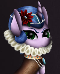 Size: 1024x1271 | Tagged: safe, artist:muddy-waters, oc, oc only, oc:princess vesper, pony, clothes, collar, curved horn, dress, elizabethan, flower, flower in hair, ruff (clothing), solo