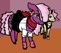 Size: 600x524 | Tagged: safe, artist:/d/non, cheerilee, mayor mare, earth pony, pony, 80s, 80s cheerilee, 80s mayor mare, alternate hairstyle, arm warmers, bow, clothes, dress, duo, duo female, ear piercing, earring, female, fishnet stockings, jewelry, leg warmers, mare, neckerchief, necklace, non-dyed mayor, piercing, skirt