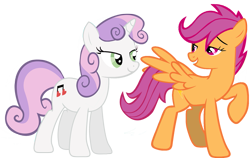 Size: 1193x752 | Tagged: safe, artist:cthulhuandyou, artist:dlazerous, artist:kooner-cz, artist:nyax, artist:speedingturtle, artist:the smiling pony, edit, scootaloo, sweetie belle, pegasus, pony, unicorn, duo, female, lesbian, mare, older, older scootaloo, older sweetie belle, scootabelle, shipping, simple background, transparent background, vector, vector edit, wrong cutie mark, wrong eye color