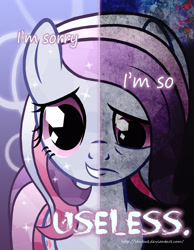 Size: 2000x2577 | Tagged: safe, artist:starbat, sweet stuff, crystal pony, earth pony, pony, g1, female, g1 to g4, generation leap, mare, sad, smiling, split screen, twinkle eyed ponies as crystal ponies, two sided posters, two sides