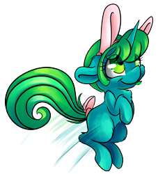 Size: 4498x4961 | Tagged: safe, artist:cutepencilcase, oc, oc only, pony, unicorn, absurd resolution, bunny ears, commission, cute, female, green eyes, green hair, hopping, mare, ocbetes, simple background, smiling, solo, transparent background, ych result