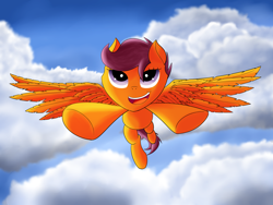 Size: 4000x3000 | Tagged: safe, artist:kickassking, scootaloo, pegasus, pony, cloud, cloudy, flying, happy, scootaloo can fly, smiling, solo