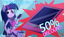 Size: 2000x1152 | Tagged: safe, artist:fj-c, twilight sparkle, equestria girls, perfect day for fun, rainbow rocks, advertisement, cellphone, discount, phone, ponied up, pony ears, smartphone, solo