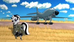 Size: 3840x2160 | Tagged: safe, artist:charrez, oc, oc only, oc:andromeda, zebra, b-1 lancer, bomber, field, plane, sky, solo