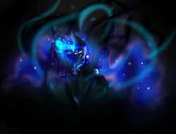 Size: 2440x1853 | Tagged: safe, artist:yuuki1410, nightmare moon, alicorn, bat pony, bat pony alicorn, pony, bat wings, glowing horn, magic, open mouth, raised hoof, smiling, solo, spread wings, wings
