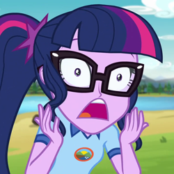 Size: 720x720 | Tagged: safe, screencap, sci-twi, twilight sparkle, equestria girls, legend of everfree, camp everfree outfits, cropped, faic, female, glasses, open mouth, reaction image, solo