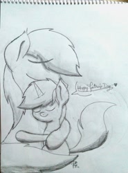Size: 2684x3618 | Tagged: safe, artist:kimjoman, oc, oc only, oc:purple flix, pony, eyes closed, father and child, father and son, father's day, heart, hug, love, male, monochrome, parent and child, smiling, traditional art