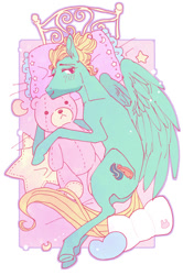 Size: 536x807 | Tagged: safe, artist:pasikon, zephyr breeze, pegasus, pony, bed, cute, looking at you, male, pillow, pixiv, plushie, solo, stallion, stars, teddy bear, zephyrbetes