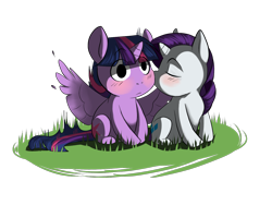 Size: 1600x1200 | Tagged: safe, artist:maxiima, derpibooru import, rarity, twilight sparkle, twilight sparkle (alicorn), alicorn, pony, unicorn, blushing, chibi, eyes closed, female, kissing, lesbian, mare, rarilight, shipping, simple background, surprise kiss, surprised, transparent background, wingboner