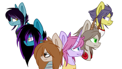 Size: 2560x1440 | Tagged: safe, artist:despotshy, oc, oc only, oc:despot, oc:despy, oc:kissel, oc:nell, oc:noel, oc:vadim, earth pony, pegasus, pony, unicorn, blind eye, blue eyes, brown eyes, bust, clothes, digital art, fangs, female, gift art, glasses, golden eyes, green eyes, happy birthday, headphones, horns, male, mare, ponysona, portrait, purple eyes, simple background, smiling, stallion, three eyes, transparent background