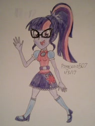 Size: 1064x1404 | Tagged: safe, artist:malevolentsamson, artist:psygcosis507, sci-twi, twilight sparkle, equestria girls, belt, clothes, cute, glasses, high heels, mary janes, ponytail, shoes, skirt, socks, solo, traditional art