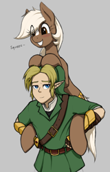 Size: 630x984 | Tagged: safe, artist:anearbyanimal, earth pony, human, pony, blaze (coat marking), blushing, clothes, crossover, cute, daaaaaaaaaaaw, duo, epona, eponadorable, female, gray background, grin, happy, holding a pony, human male, hylian, leaning, lidded eyes, link, looking at you, male, mare, nintendo, piggyback ride, ponies riding humans, pony hat, riding, role reversal, simple background, smiling, squee, the legend of zelda