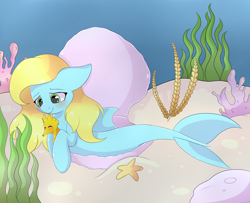 Size: 1600x1300 | Tagged: safe, artist:adostume, derpibooru import, oc, oc only, oc:bubble, merpony, pony, seahorse, seapony (g4), blushing, commission, coral, crepuscular rays, dorsal fin, female, fish tail, green eyes, ocean, sand, seaweed, shell, smiling, solo, starfish, tail, underwater, water, yellow mane
