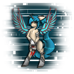 Size: 1280x1280 | Tagged: safe, artist:charrez, oc, oc only, pony, unicorn, artificial wings, augmented, bandage, female, mechanical wing, solo, weapon, wings