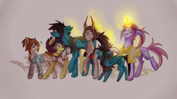 Size: 2560x1440 | Tagged: safe, artist:antidism, oc, oc only, oc:despot, oc:despy, oc:kissel, oc:nell, oc:noel, oc:vadim, earth pony, pegasus, pony, unicorn, clothes, family, fangs, headphones, horns, magic, ponysona, size difference