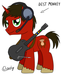 Size: 1396x1714 | Tagged: safe, artist:cloudy95, oc, oc only, pony, unicorn, guitar, guitar hero, headphones, male, rhythm game, simple background, solo, stallion, transparent background, ukogmonkey